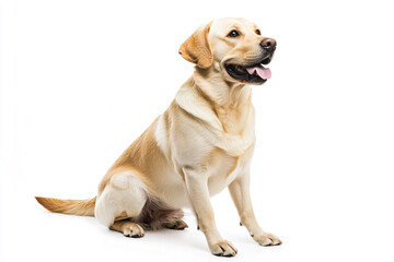 a dog sitting on a white surface with its tongue out