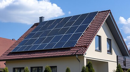 Naklejka premium Rooftop solar panels on modern house under clear blue sky