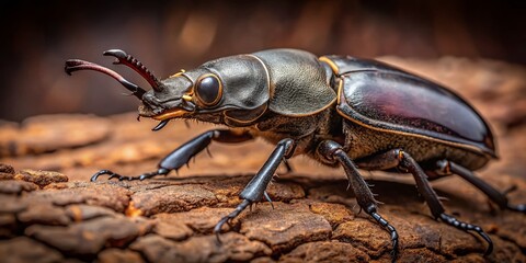Fototapeta premium Stunning Closeup of a Lesser Stag Beetle Dorcus parallelipipedus Detailed Macro Photography