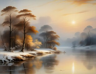 tranquil winter scene with mountains and icy water