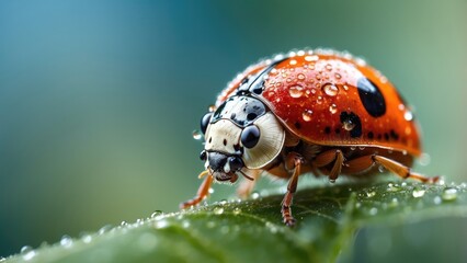 A close-up photo of a ladybug covered in water droplets on a grass blade during a rainfall