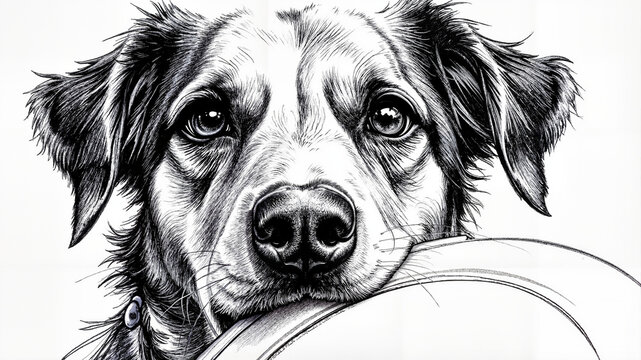 Dog looking expectantly with frisbee in black and white illustration  
