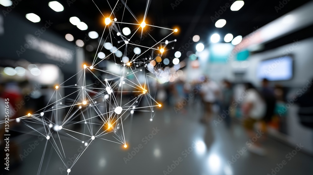 Poster blurred individuals in an exposition hall serve as the background for a concept image of an internat
