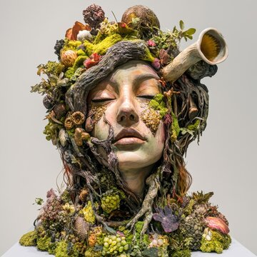 Nature-Inspired Surreal Sculpture of Woman's Head with Botanical Elements