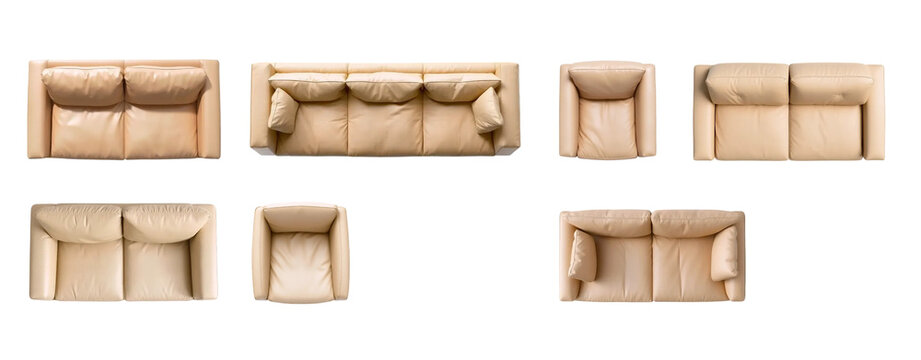 Beige leather furniture set. Leather sofas and armchairs, top view and front view. isolated on transparent background