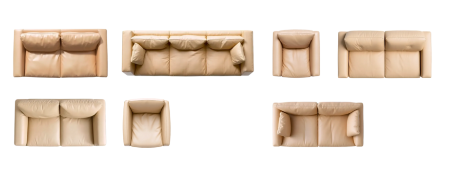 Beige leather furniture set. Leather sofas and armchairs, top view and front view. isolated on transparent background