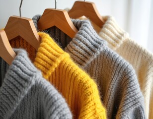 Yellow grey and white winter sweaters on wooden hangers. Warm cozy knitwear clothing. Autumn trendy fashionable apparel outfits, knitted wool garments. Fall fashion, closet, shopping concept.
