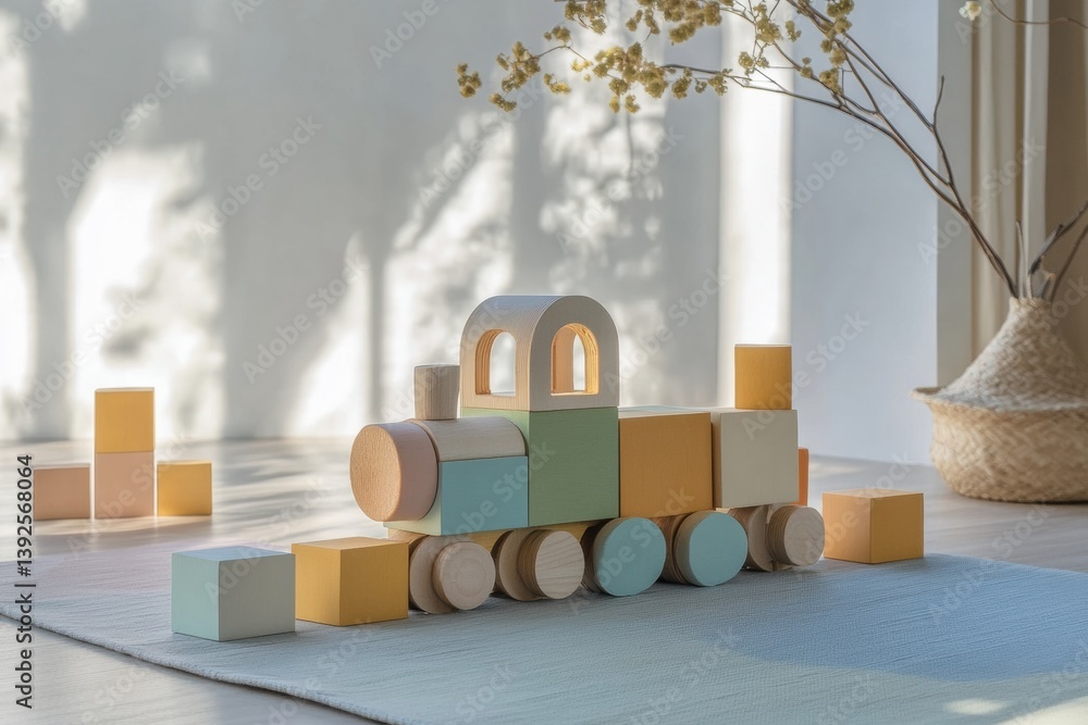 Poster cozy wooden train constructed from pastel blocks sits on a minimalistic floor in soft natural light 