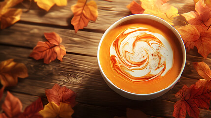 A freshly prepared bowl of pumpkin soup with a swirl of cream and a sprinkle of seasoning, served on a wooden table with autumn foliage.