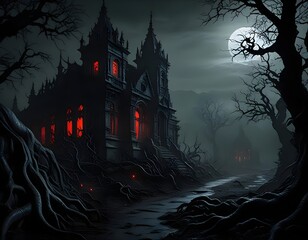 eerie gothic castle under a full moon
