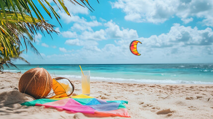 Obraz premium A fun beach picnic with a colorful kite, fresh coconut water, and playful beach games.