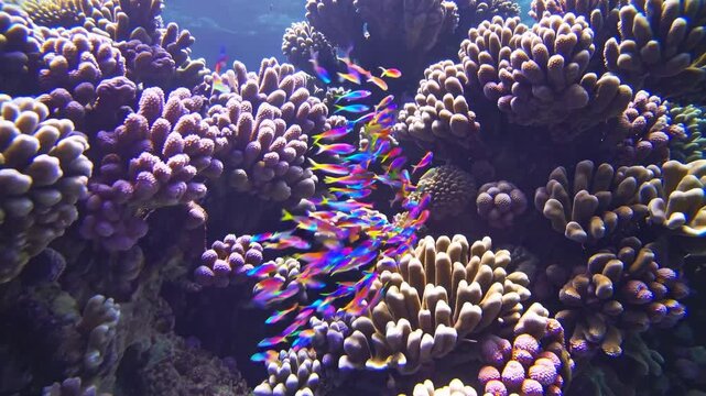 Vibrant underwater video scene with a school of colorful fish swimming over coral reefs, captured from a wide-angle perspective.