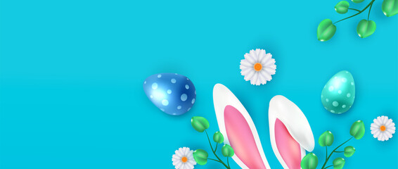 Easter blue banner with eggs bunny ears and flower. Holiday 3D composition card design. Happy Easter vector.