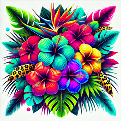 neon tropical bouquet with stylized exotic leaves and fantasy flowers in vibrant blue pink yellow and green on bright background concept of fashion design, creative packaging, exotic decor