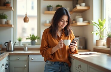 Woman using smartphone in kitchen holding coffee mug. Browsing internet or checking social media, freelancer enjoying break, working from home. Modern tech apartment lifestyle.