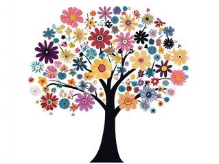 Colorful floral tree illustration, spring design, white background, greeting card