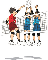 A female volleyball player attacking the ball and two players trying to block it, vector illustration isolated on white background