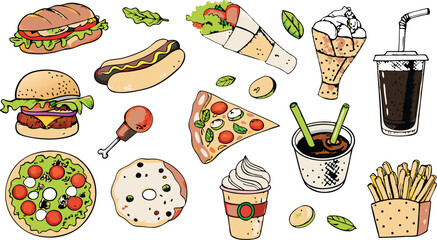 Fast Food Collection Burgers, Pizza, Fries, and Drinks