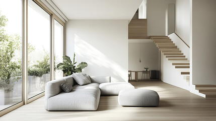 Naklejka premium Modern living room with light wood floor and large windows