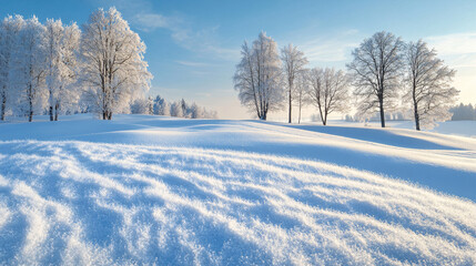 A picturesque snowy hill in the Baltic region, with a blanket of fresh snow and a clear winter sky, showcasing the tranquility of the season