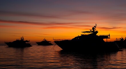 Fototapeta premium Sunset Silhouette: Yachts at Dusk AI Generated