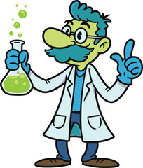 Cartoon scientist illustration holding beaker with green liquid idea
