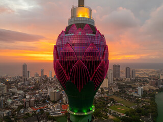 The Lotus Tower in Colombo, Sri Lanka, is a 350-meter-tall structure resembling a lotus flower. It serves as a telecommunications hub and offers panoramic city views