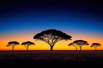 African Savanna Sunset Silhouette Starry Night Sky Over Acacia Trees