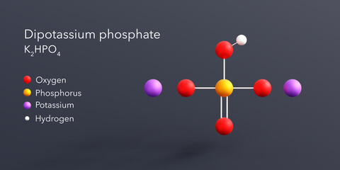 dipotassium phosphate molecule 3d rendering, flat molecular structure with chemical formula and atoms color coding