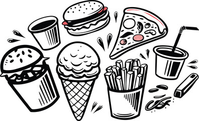 Fast Food Feast Burgers, Pizza, Fries, Ice Cream, and Drinks