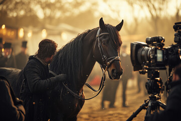 a man is taking a picture of a horse with a camera on a tripod in front of a crowd