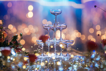 Elegant champagne tower celebration festive venue photography warm lighting close-up luxury experience