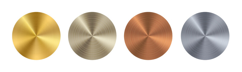 Gold, silver bronze metal radial shield. Medal badge or circle coin. Disk button gradient surface effect. Circular round brushed foil clipart. Golden warranty diploma sticker. Stainless nickel plate