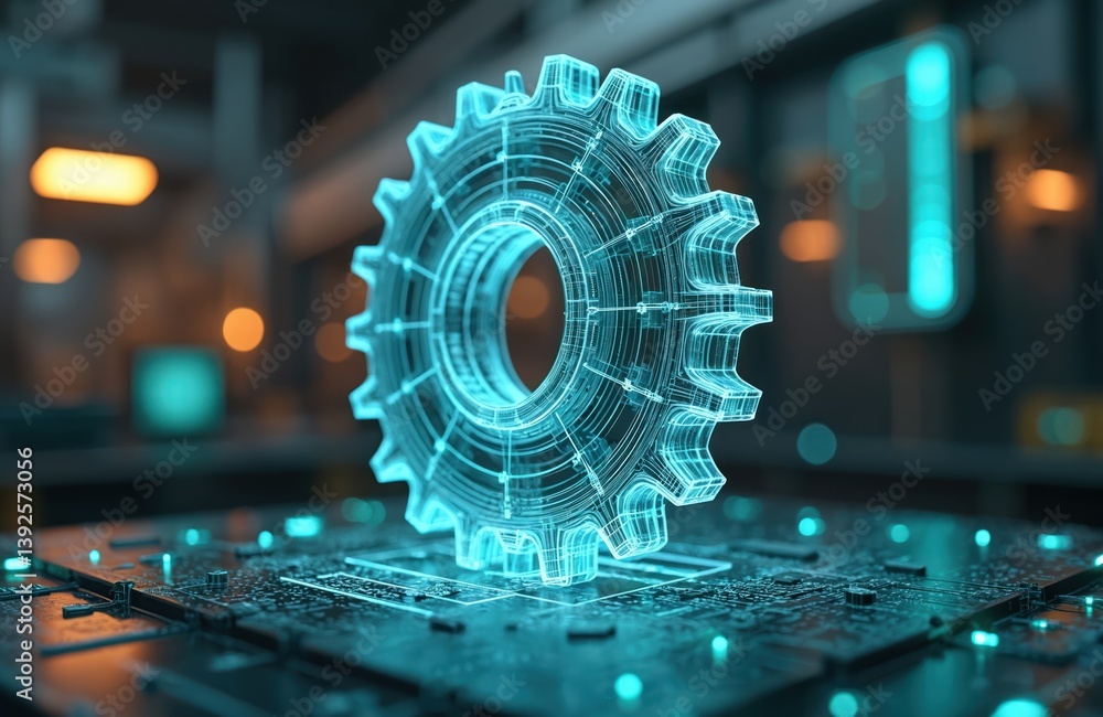 Leinwandbilder futuristic 3d wireframe gear visualization on circuit board. advanced tech, innovative engineering d