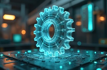 Futuristic 3D wireframe gear visualization on circuit board. Advanced tech, innovative engineering design with blue neon glow, cutting edge technology. Concept of data processing, digital