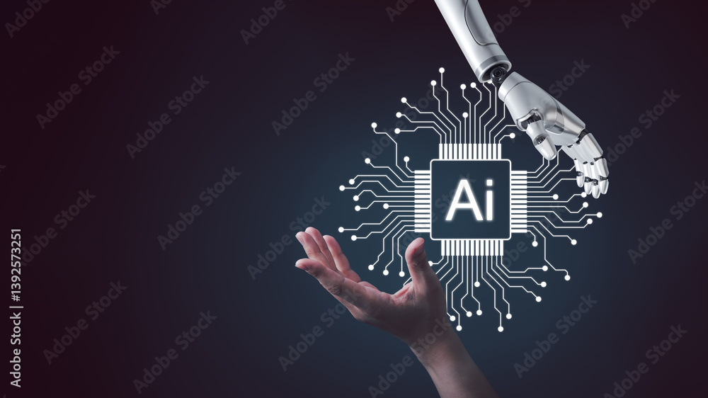 Aufkleber human hand and android robot hand, technology, machine learning, neural network. concept of using ai
