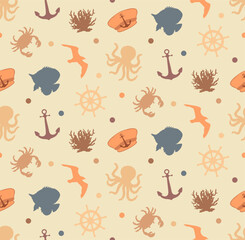 Abstract Hand Drawing Marine Concept Octopus Sea Bird Crab Anchor Hat Fish Rudder and Dot Silhouettes Seamless Vector Pattern with Isolated Background