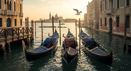 Fototapeta premium Golden Hour Gondolas: Venetian Canal Serenity AI Generated