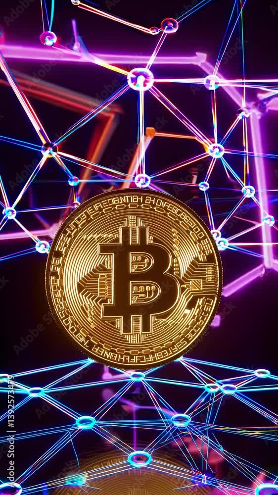Poster a futuristic video concept with a close-up angle of a glowing bitcoin surrounded by neon network lin