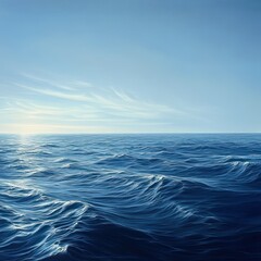 Obraz premium Expansive ocean vista. Calm, serene, and vast, showcasing the deep blues of the sea meeting a clear sky filled with gentle clouds