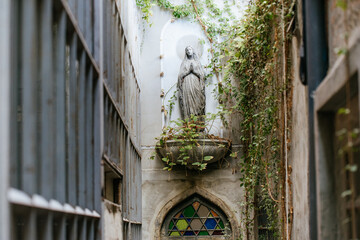 Historic statue surrounded by ivy narrow alleyway architectural detail urban environment low angle view serene concept