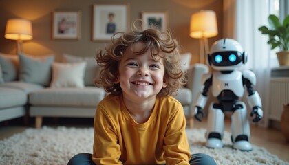 Smiling Child with Robot Companion in Cozy Living Room