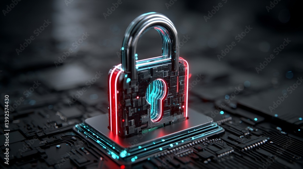 Poster the concept of cybersecurity is represented by a digital lock icon, symbolizing the protection of te