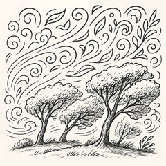 Fototapeta premium A minimalist, swirling line drawing that captures the motion of wind flowing through trees, accompanied by abstract shapes symbolizing the energy and rhythm of nature