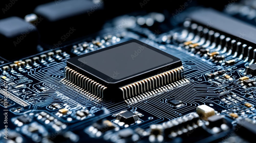 Poster a circuit board is shown in close-up detail, featuring various integrated electronic parts such as a