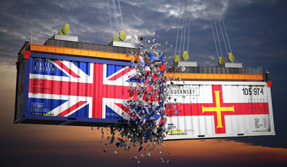 Cargo containers with flags of United Kingdom and Guernsey - 3D illustration