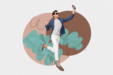 Poster banner creative photo collage of happy guy dance weekend celebration vibe event chill party...