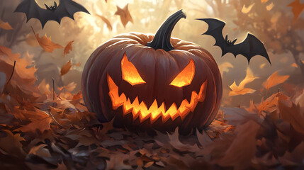 A grinning jack-o-lantern with bat-shaped eyes, placed among fallen autumn leaves.