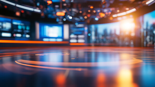 A blurred view of a modern television studio with lights screens and a reflective floor space ready