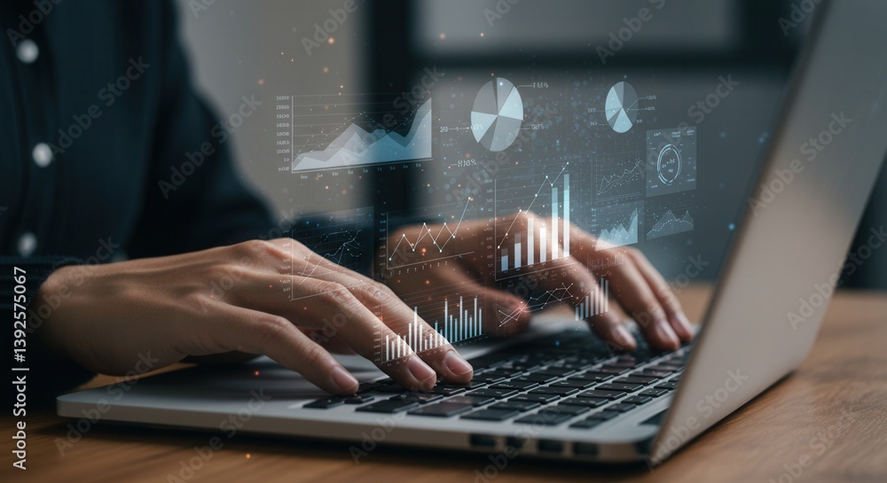 Poster analyzing data on laptop with financial charts and business graphs